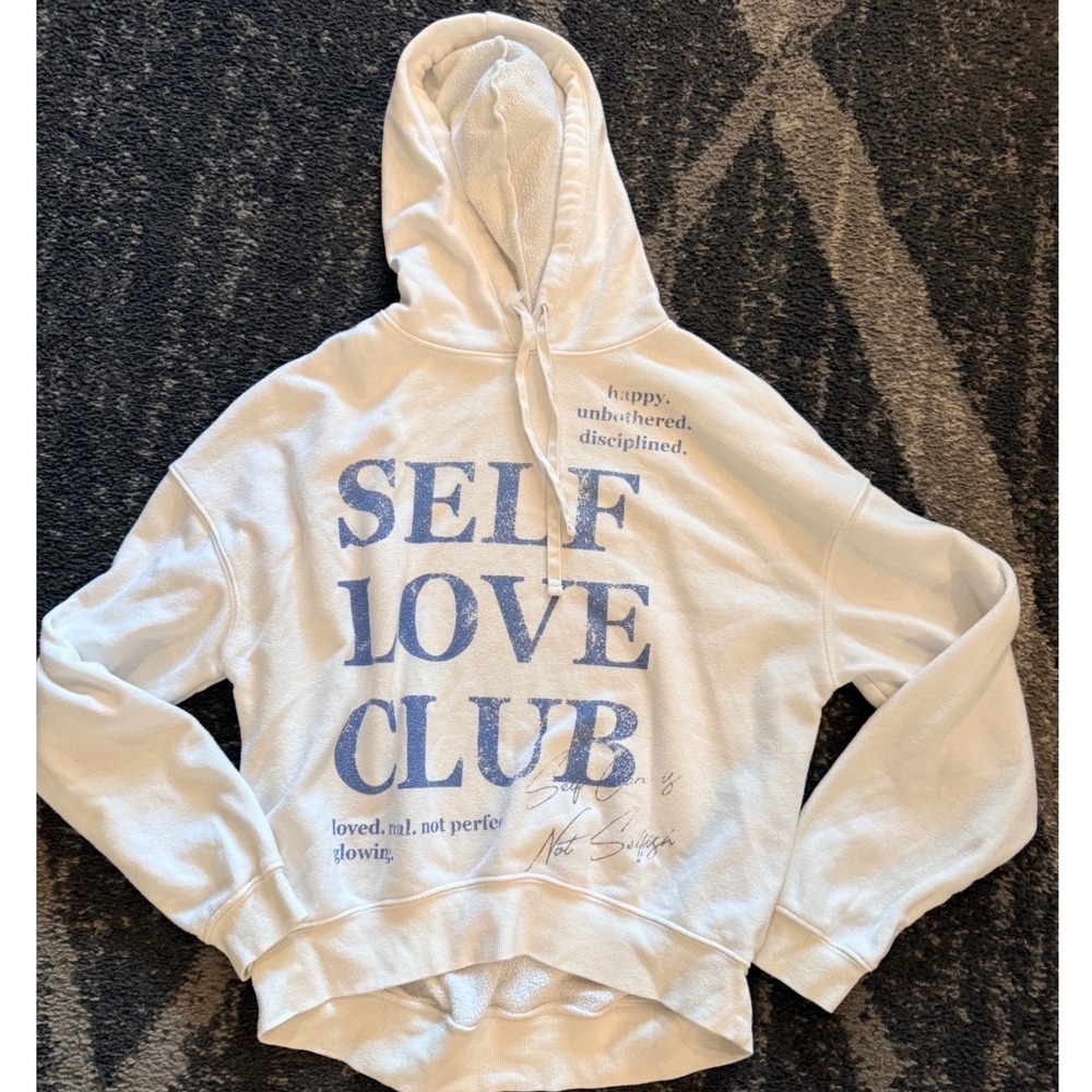 Grayson Threads Womens Self Love Club Graphic Hoodie White Blue XS Pullover